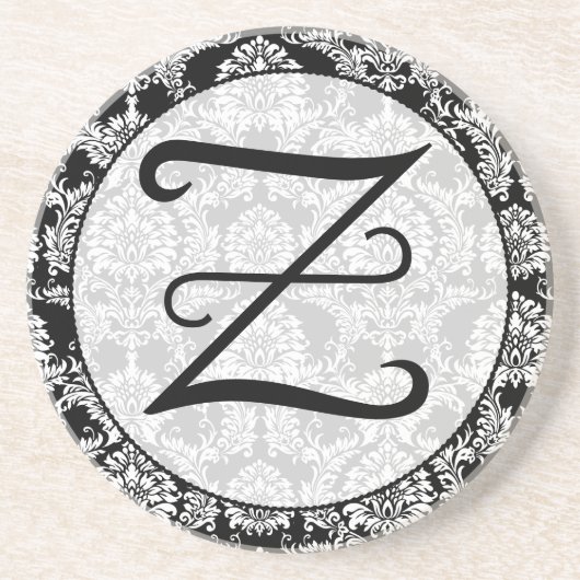 Zwart Damask Monogram Gepersonaliseerd Onderzetter (Voorkant)
