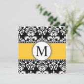 Zwart Damask Monogram Huwelijksuitnodigingen Geel Kaart (Staand voorkant)