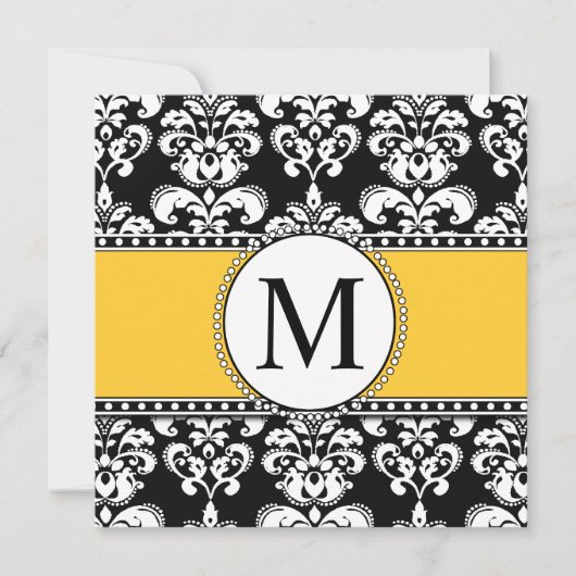 Zwart Damask Monogram Huwelijksuitnodigingen Geel Kaart (Voorkant)