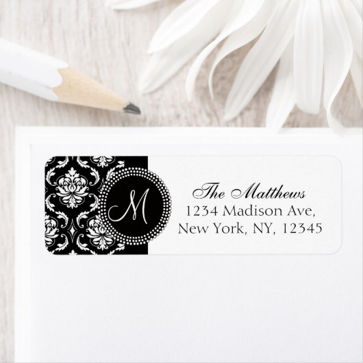 Zwart Damask Monogram Retouradreslabel Etiket (Insitu)