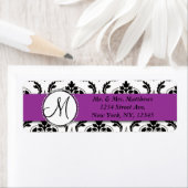 Zwart Damask Paarse Monogram Retouradres Etiket (Insitu)