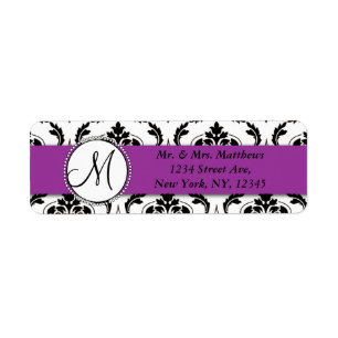 Zwart Damask Paarse Monogram Retouradres Etiket
