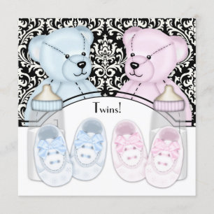 Zwart Damask Roze Blauw Teddy Bear Twin Baby showe Kaart