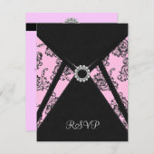 Zwart Damask Roze Elegant Zwart RSVP (Voorkant / Achterkant)