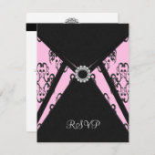 Zwart Damask Roze Elegant Zwart RSVP (Voorkant / Achterkant)