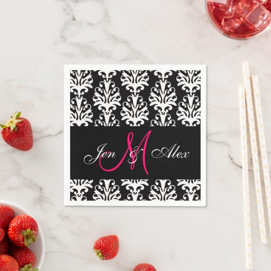 Zwart Damask Roze Monogram Trouwpapier Servetten (Insitu)