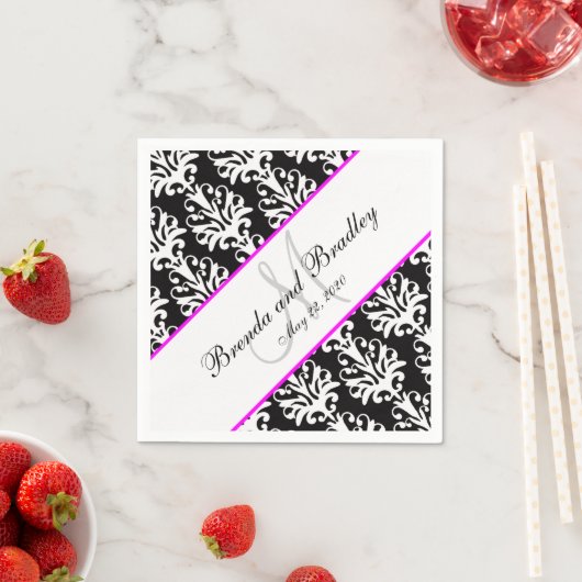 Zwart Damask Roze Monogram Trouwpapier Servetten (Insitu)