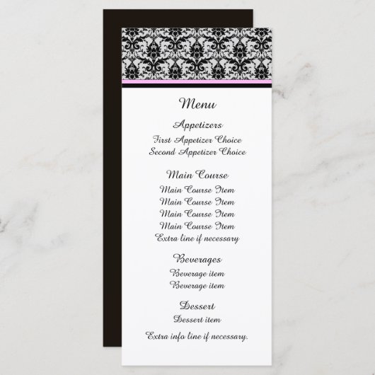 Zwart Damask Roze Wedding Menu (Voorkant / Achterkant)