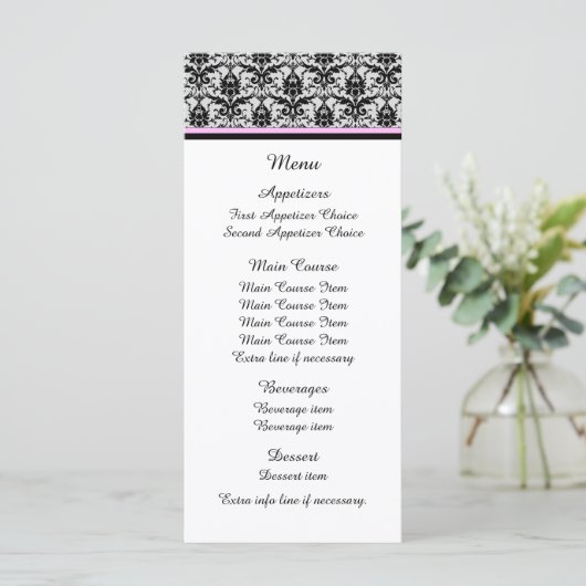 Zwart Damask Roze Wedding Menu (Staand voorkant)