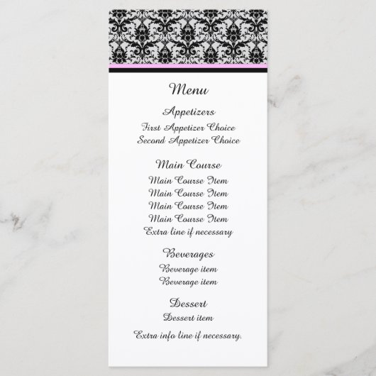Zwart Damask Roze Wedding Menu (Voorkant)