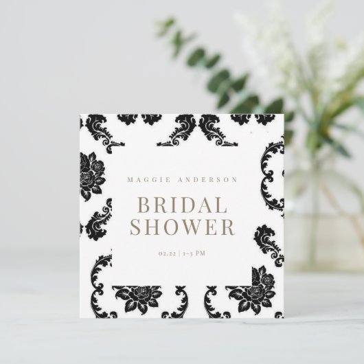 Zwart Damask Square Vrijgezellenfeest Kaart (Staand voorkant)