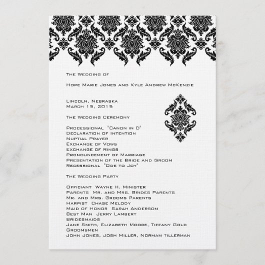 Zwart Damask Trouwprogramma Programmakaart (Voorkant)