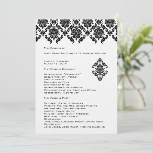 Zwart Damask Trouwprogramma Programmakaart (Staand voorkant)