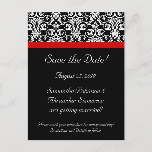 Zwart Damask w/Red Accent Sla de datum op Aankondigingskaart (Voorkant)