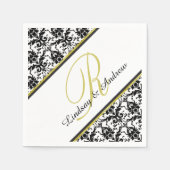 Zwart Damask Wit Goud Monogram Huwelijk Servetten (Voorkant)