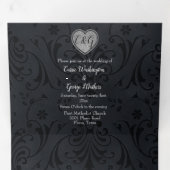 Zwart Damask Zilveren Hart Alles In Een Huwelijk Drieluik Uitnodiging (Binnenzijde eerst)