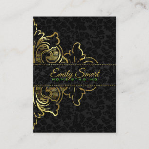 Zwart Damasks Goud Bloemen Ornament Visitekaartje