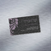 Zwart Damasks & Paarse Bloemen Ornament Visitekaartje Magneet (Voorbeeld)