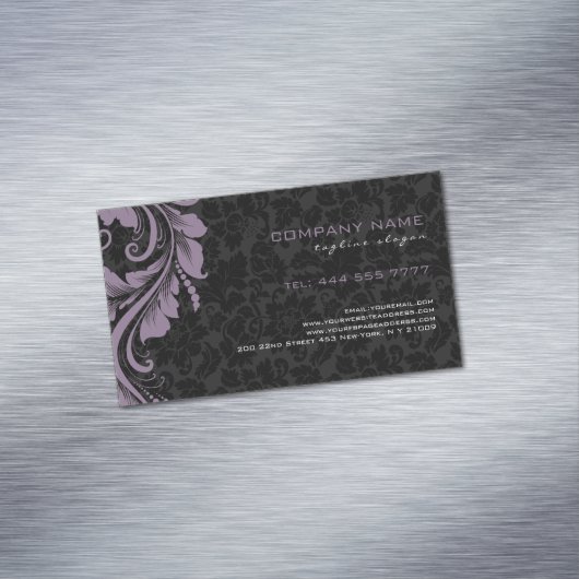 Zwart Damasks & Paarse Bloemen Ornament Visitekaartje Magneet (Voorbeeld)