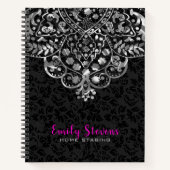 Zwart Damasks Zilveren Kant Notitieboek (Voorkant)
