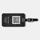 Zwart Damaspatroon met QR-code Aangepaste naam Bagagelabel (Voorkant horizontaal)