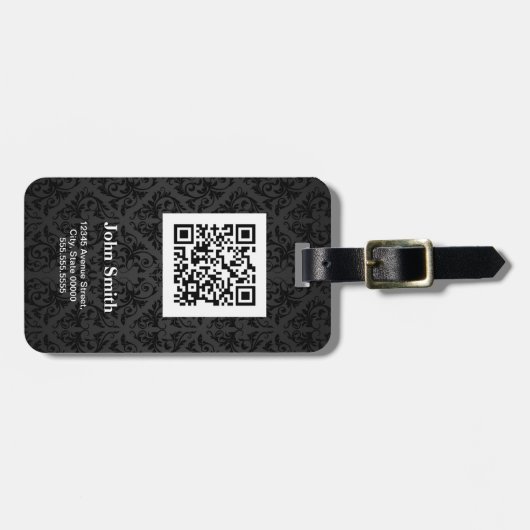 Zwart Damaspatroon met QR-code Aangepaste naam Bagagelabel (Voorkant horizontaal)