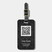 Zwart Damaspatroon met QR-code Aangepaste naam Bagagelabel (Voorkant verticaal)