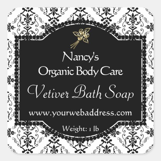 Zwart Damasproduct etiket met logo (Voorkant)