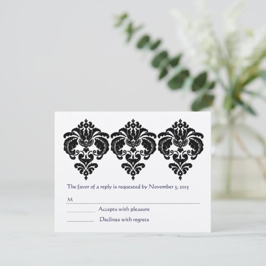 Zwart Damast Bloemen Elementen RSVP (Staand voorkant)