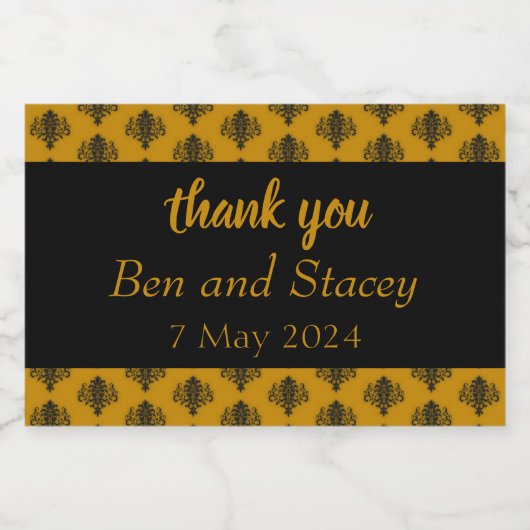 Zwart damast bruin bruiloft sparkling wijnetiket (Enkel label)