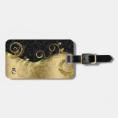 Zwart damast en gouden damast en werveling bagagelabel (Voorkant horizontaal)
