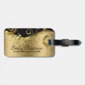 Zwart damast en gouden damast en werveling bagagelabel (Achterkant horizontaal)