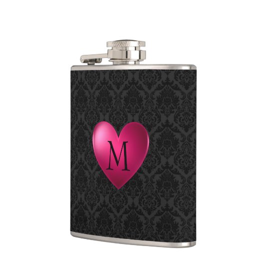 Zwart damast en roze hart heupfles (Links)