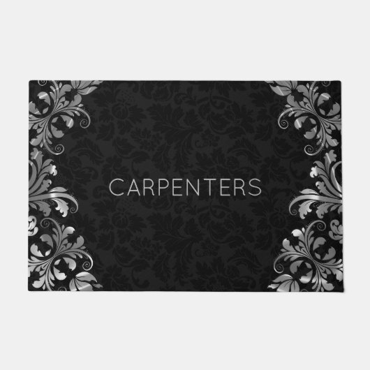 Zwart damast en zilveren bloemenkant deurmat (Voorkant)