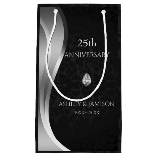 Zwart damast en zilveren werveling klein cadeauzakje (Voorkant)