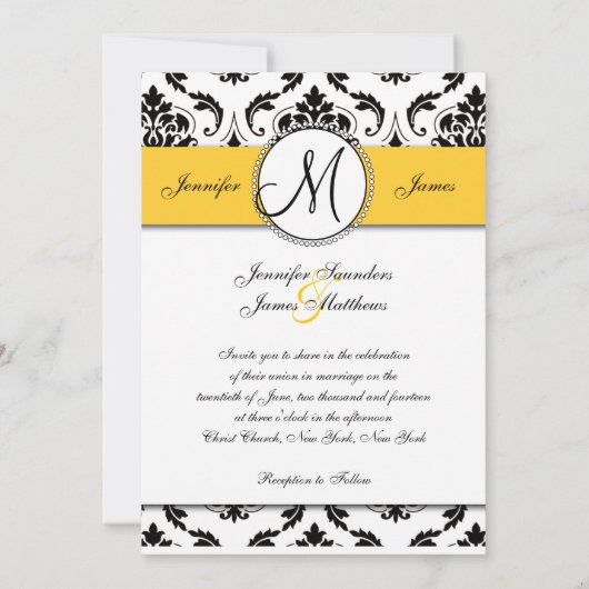 Zwart Damast Geel Bruiloft 5 x 7 Uitnodiging (Achterkant)