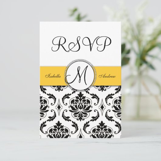 Zwart Damast Geel Bruiloft RSVP (Staand voorkant)