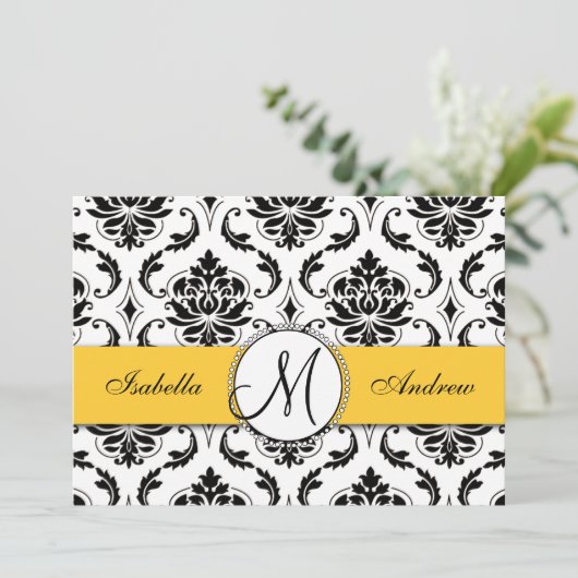 Zwart Damast Geel Bruiloft Uitnodiging (Staand voorkant)