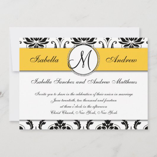 Zwart Damast Geel Bruiloft Uitnodiging (Achterkant)