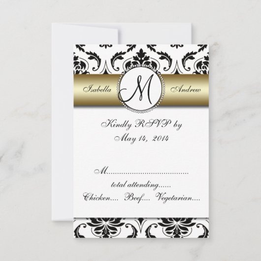 Zwart Damast Goud Bruiloft RSVP (Achterkant)