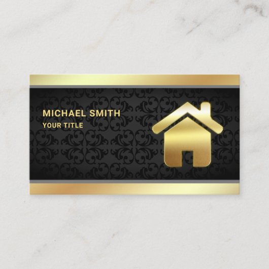 Zwart Damast Goud Folie Home Logo Makelaar Visitekaartje (Voorkant)