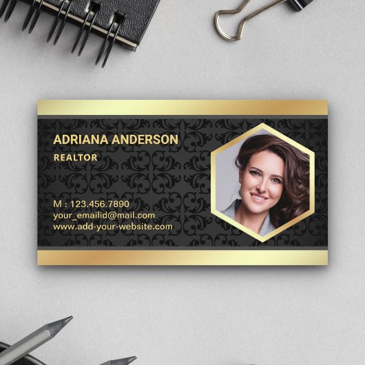 Zwart Damast Goud Folie Vastgoed Foto Realtor Visitekaartje