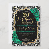 Zwart Damast Goud Groen Rozen 20e Verjaardag Kaart (Voorkant)