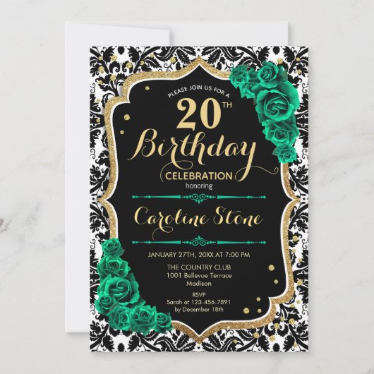Zwart Damast Goud Groen Rozen 20e Verjaardag Kaart (Voorkant)