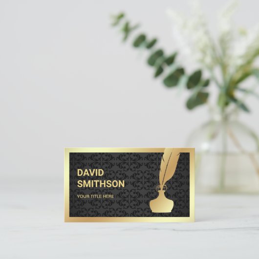 Zwart Damast Gouden Folie Inkwell Veer Quill Pen Visitekaartje (Staand voorkant)