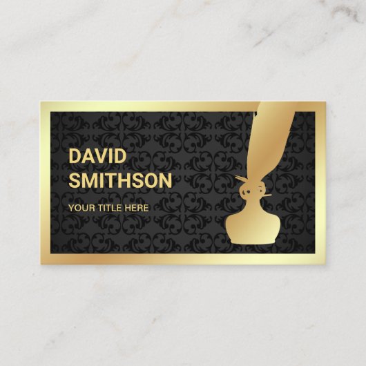 Zwart Damast Gouden Folie Inkwell Veer Quill Pen Visitekaartje (Voorkant)