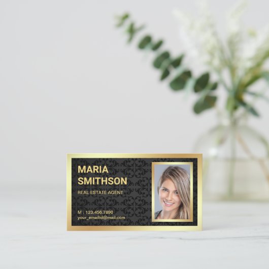 Zwart Damast Gouden Folie Vastgoed Realtor Foto Visitekaartje (Staand voorkant)