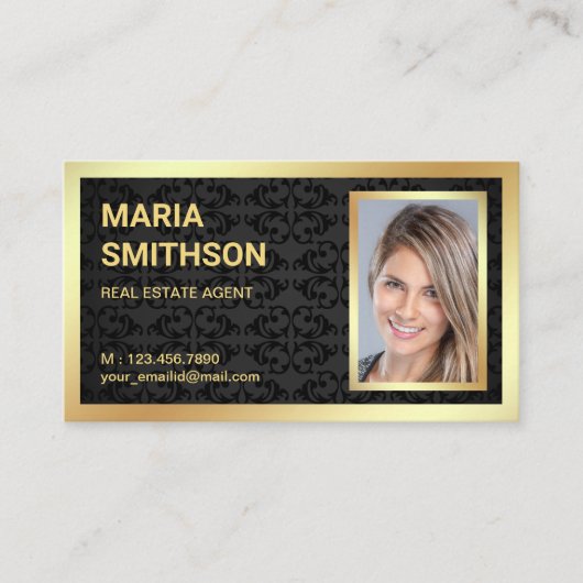 Zwart Damast Gouden Folie Vastgoed Realtor Foto Visitekaartje (Voorkant)
