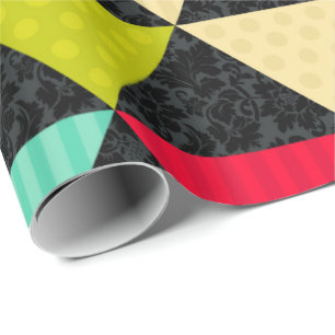 Zwart Damast Kleurrijke Driehoeken Strepen Polka D Cadeaupapier