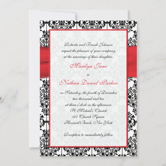 Zwart Damast met Poppy Red bruiloft uitnodiging (Achterkant)